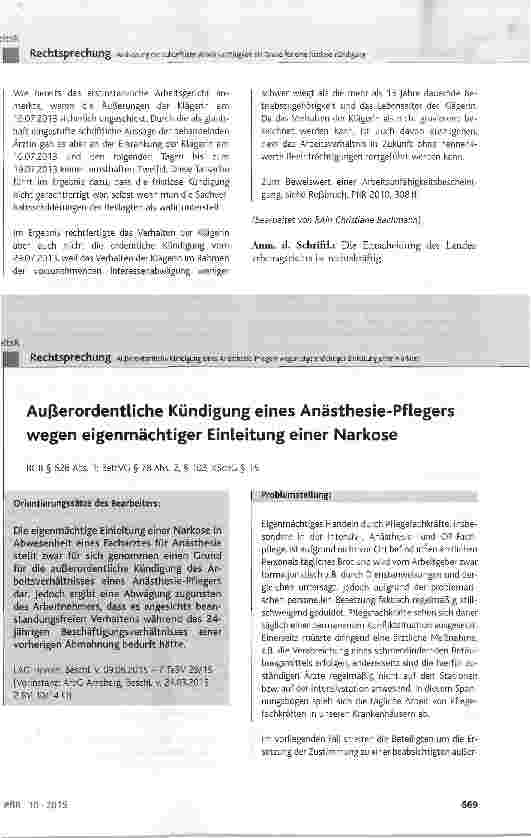 Vorschauseite 1: Außerordentliche Kündigung eines Anästhesie-Pflegers wegen eigenmächtiger Einleitung einer Narkose BGB § 626 Abs. 1; BetrVG § 78 Abs. 2, § 103; KSchC § 15