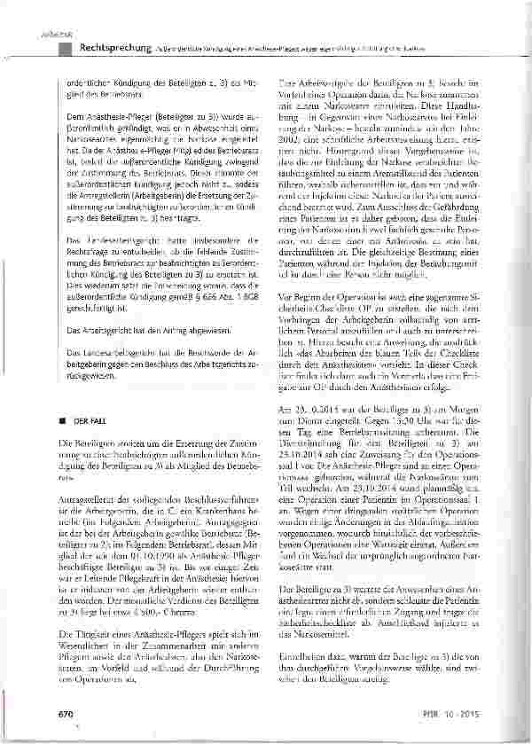 Vorschauseite 2: Außerordentliche Kündigung eines Anästhesie-Pflegers wegen eigenmächtiger Einleitung einer Narkose BGB § 626 Abs. 1; BetrVG § 78 Abs. 2, § 103; KSchC § 15