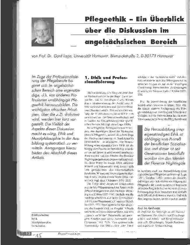 Vorschauseite 1: Pflegeethik - Ein Überblick über die Diskussion im angelsächsischen Bereich