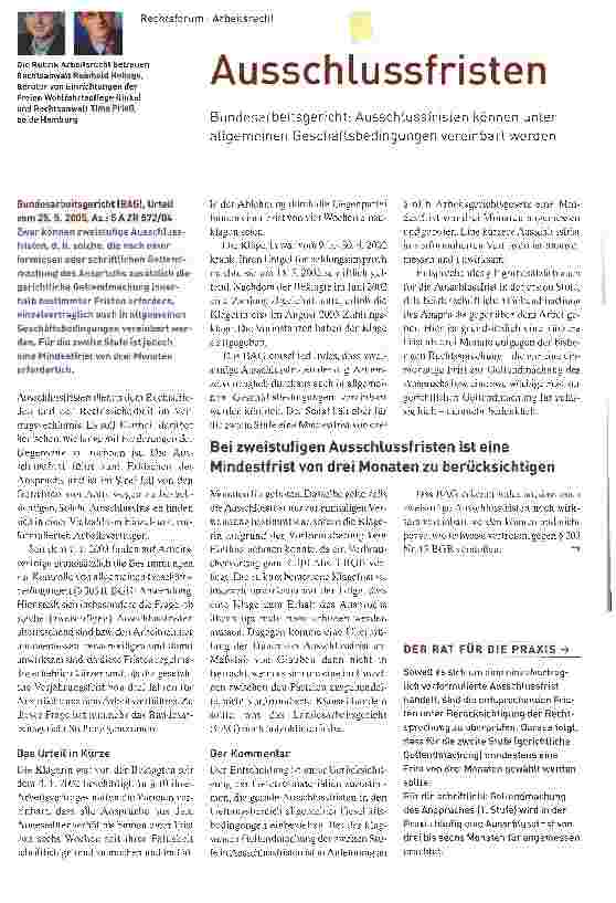 Vorschauseite 1: AusschlussfristenBundesarbeitsgericht: Ausschlussfristen können unter allgemeinen Geschäftsbedingungen vereinbart werden