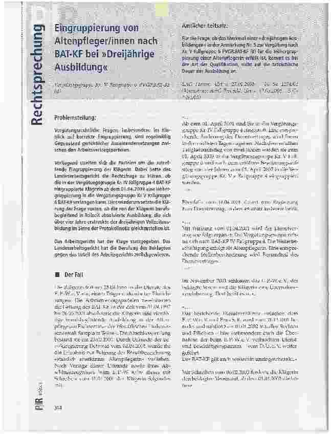 Vorschauseite 1: Eingruppierung von Altenpfleger/innen nach BAT-KF bei Dreijährige Ausbildung
