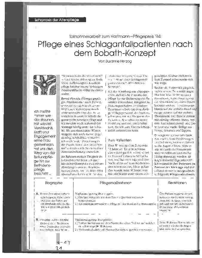 Vorschauseite 1: Pflege eines Schlaganfallpatienten nach dem Bobath-Konzept Teilnehmerarbeit zum Hartmann-Pflege-Preis 94