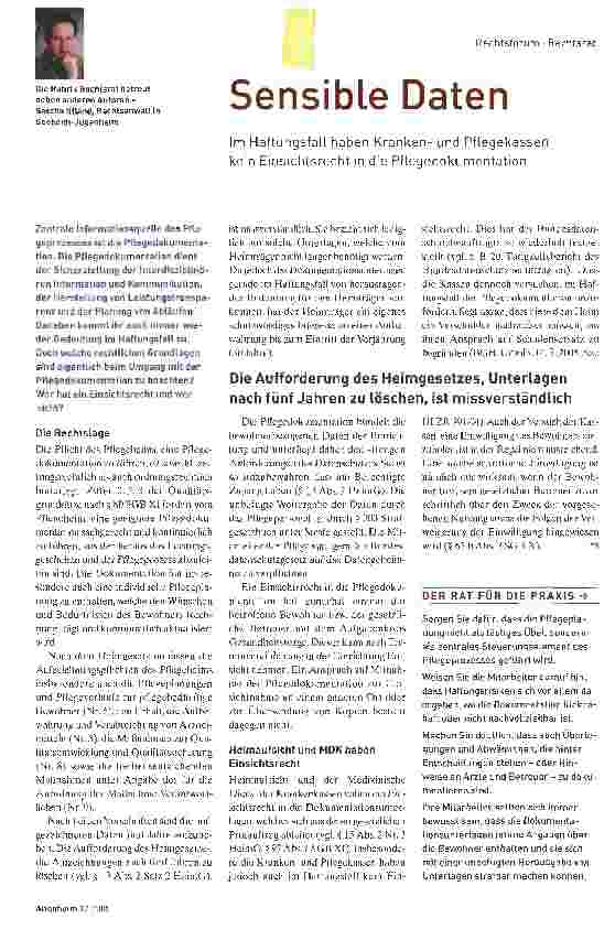 Vorschauseite 1: Sensible DatenIm Haftungsfall haben Krankenund Pflegekassen kein Einsichtsrecht in die Pflegedokumentation