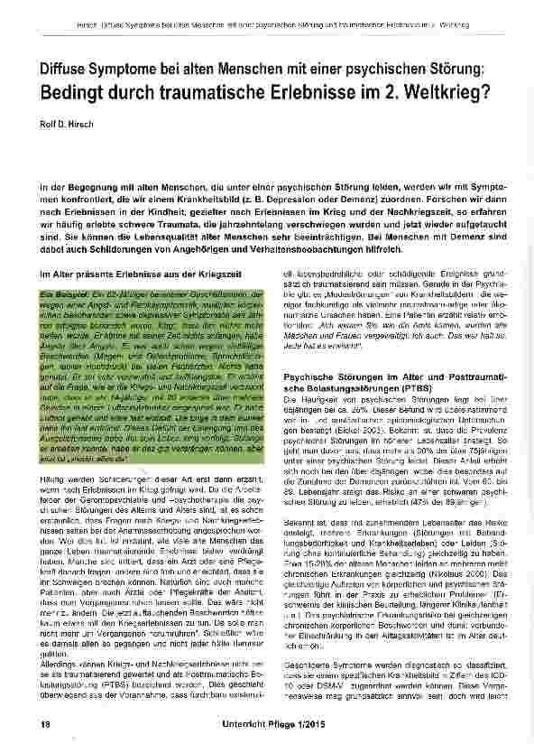 Vorschauseite 1: Diffuse Symptome bei alten Menschen mit einer psychischen Störung: Bedingt durch traumatische Erlebnisse im 2. Weltkrieg?