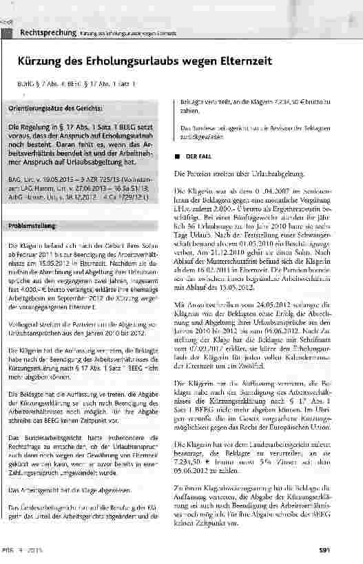 Vorschauseite 1: Kürzung des Erholungsurlaubs wegen Elternzeit BUrlG § 7 Abs. 4; BEEG § 17 Abs. 1 Satz 1