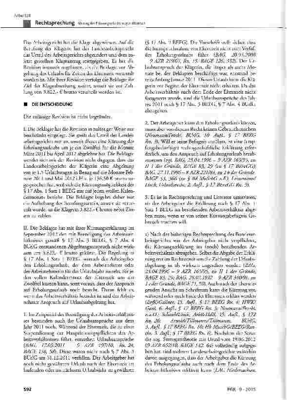 Vorschauseite 2: Kürzung des Erholungsurlaubs wegen Elternzeit BUrlG § 7 Abs. 4; BEEG § 17 Abs. 1 Satz 1
