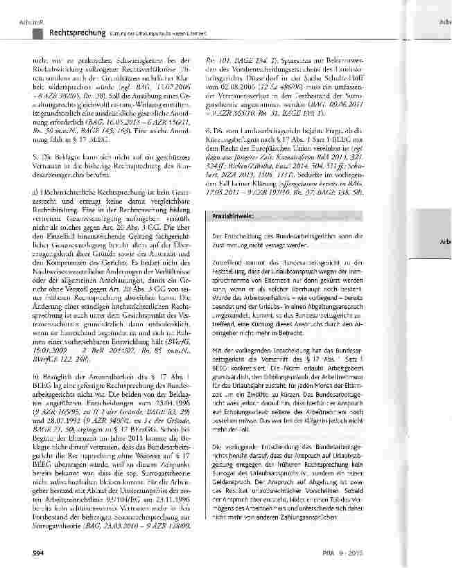 Vorschauseite 4: Kürzung des Erholungsurlaubs wegen Elternzeit BUrlG § 7 Abs. 4; BEEG § 17 Abs. 1 Satz 1