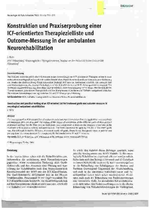 Vorschauseite 1: Konstruktion und Praxiserprobung einer ICF-orientierten Therapiezielliste und Outcome-Messung in der ambulanten Neurorehabilitation