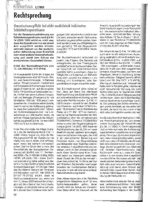 Vorschauseite 1: RechtsprechungUmsatzsteuerpflicht bei nicht medizinisch indizierten Schönheitsoperationen