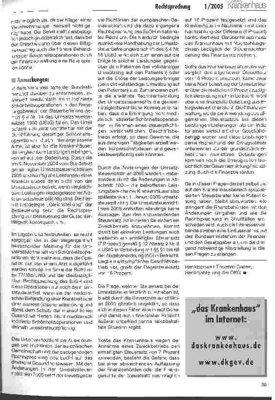 Vorschauseite 2: RechtsprechungUmsatzsteuerpflicht bei nicht medizinisch indizierten Schönheitsoperationen
