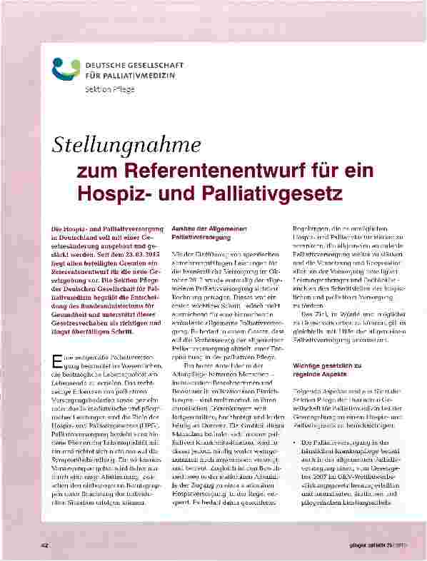 Vorschauseite 1: Stellungnahme zum Referentenentwurf für ein Hospizund Palliativgesetz