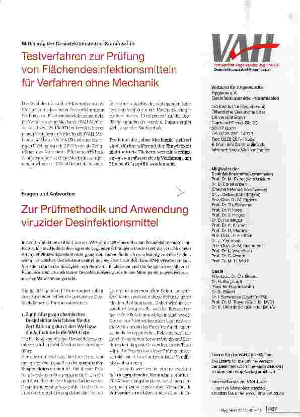 Vorschauseite 1: Zur Prüfmethodik und Anwendung viruzider Desinfektionsmittel