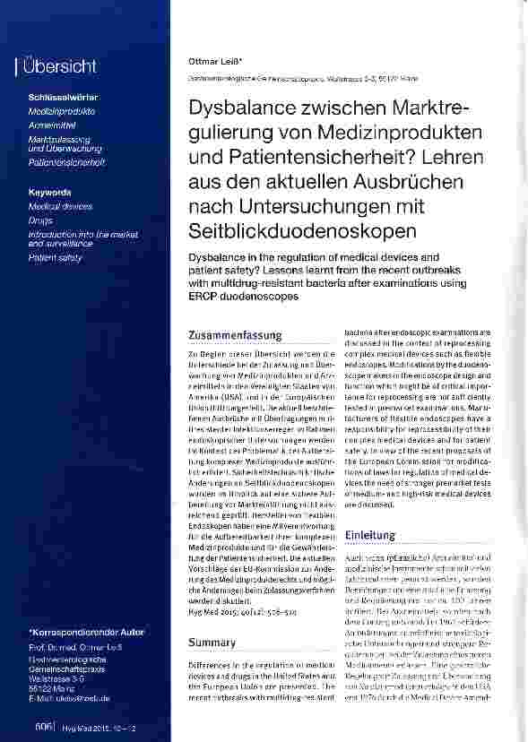 Vorschauseite 1: Dysbalance zwischen Marktregulierung von Medizinprodukten und Patientensicherheit? Lehren aus den aktuellen Ausbrüchen nach Untersuchungen mit Seitblickduodenoskopen