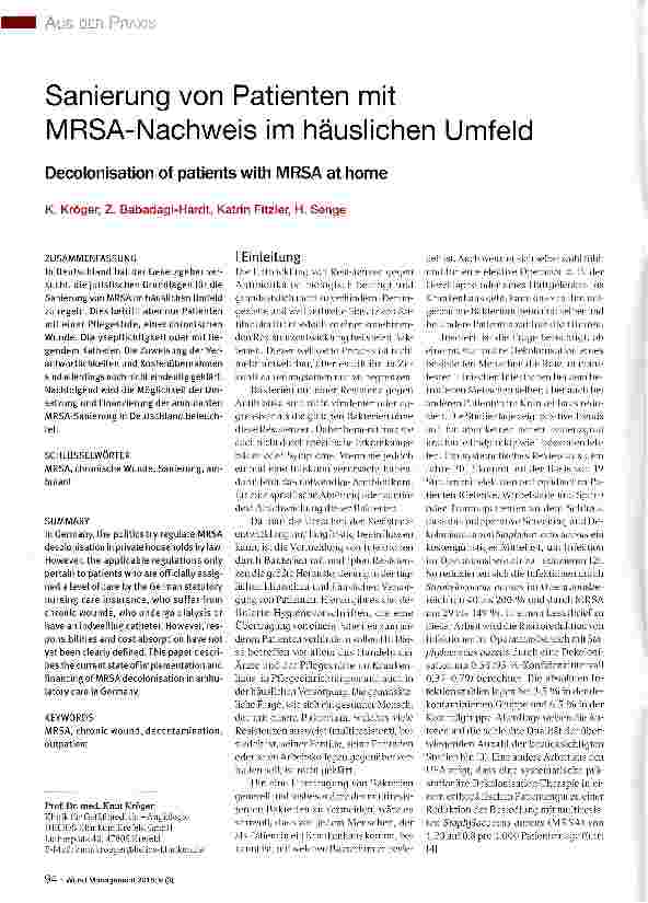 Vorschauseite 1: Sanierung von Patienten mit MRSA-Nachweis im häuslichen Umfeld