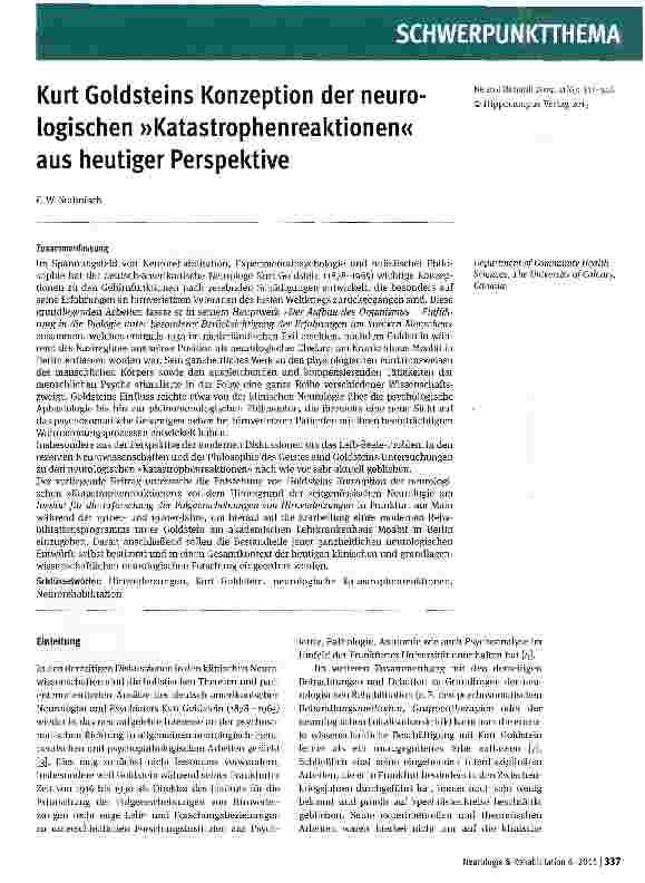 Vorschauseite 1: Kurt Goldsteins Konzeption der neuro logischen »Katastrophenreaktionen« aus heutiger Perspektive