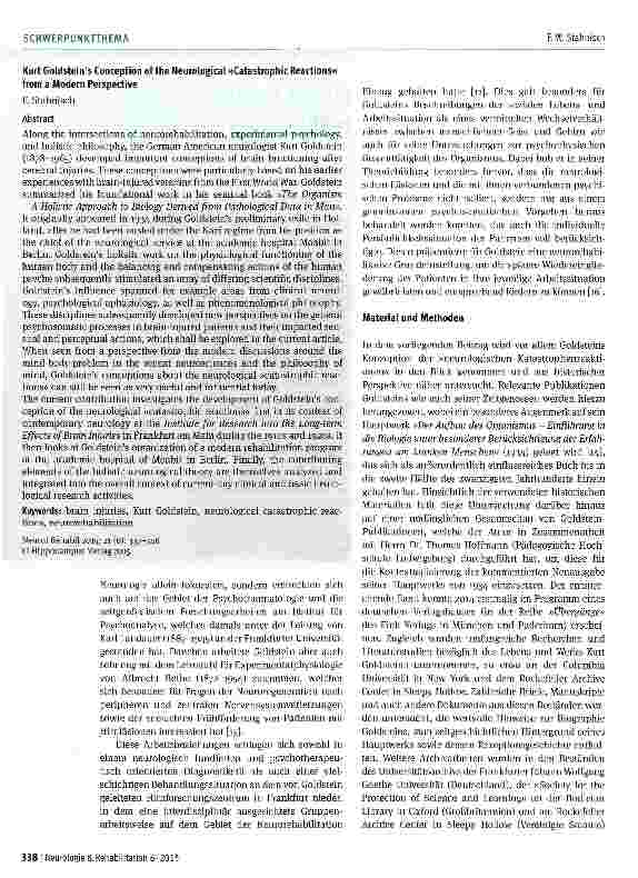 Vorschauseite 2: Kurt Goldsteins Konzeption der neuro logischen »Katastrophenreaktionen« aus heutiger Perspektive