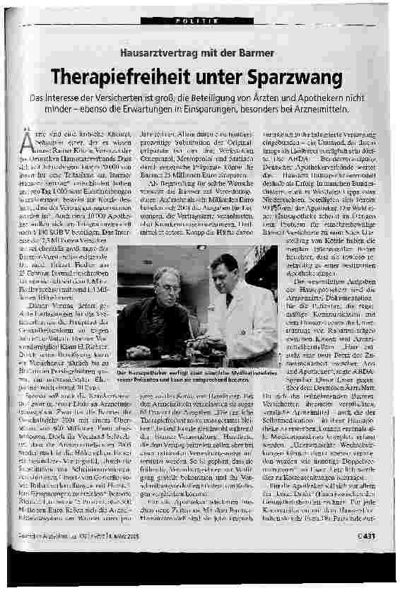 Vorschauseite 1: Hausarztvertrag mit der Barmer - Therapiefreiheit unter Sparzwang