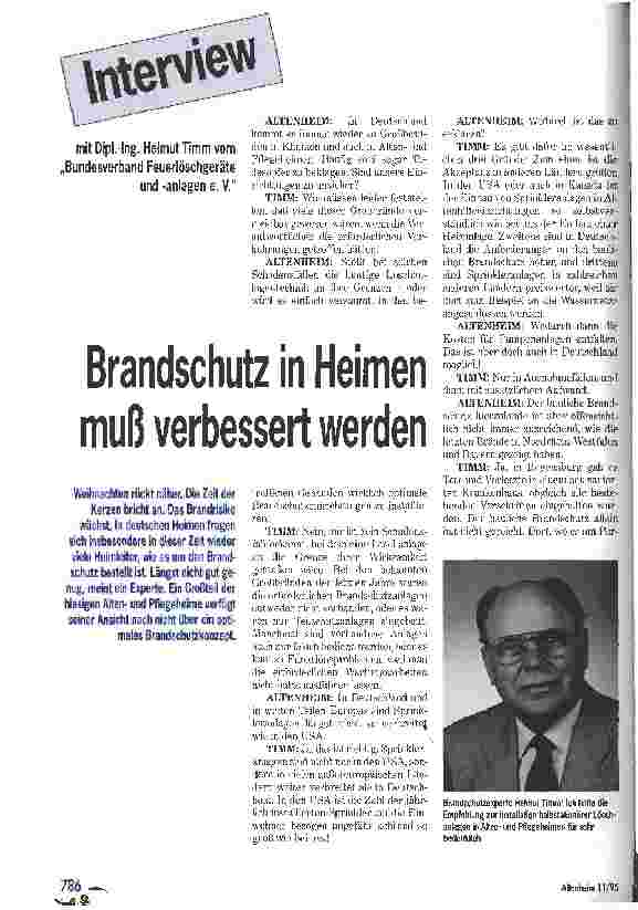 Vorschauseite 1: Brandschutz in Heimen muß verbessert werden Interview mit Dipl. -Ing. Helmut Timm vom Bundesverband Feuerlöschgeräte und -anlagen e. V.