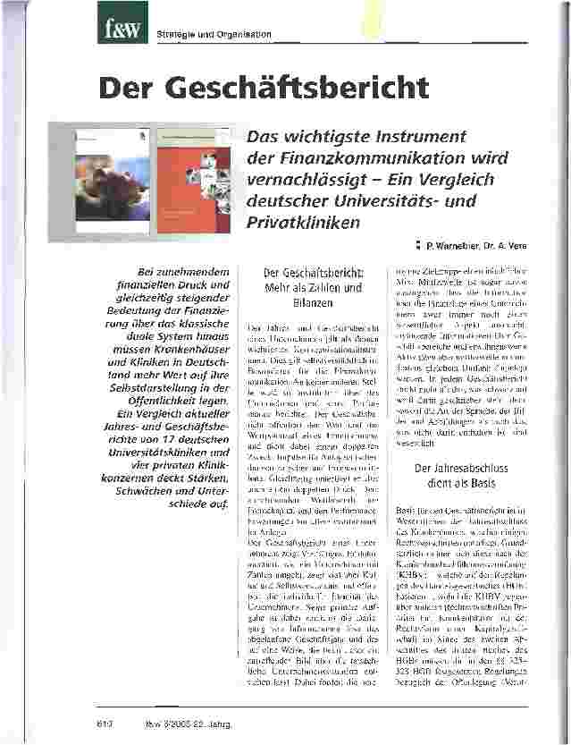 Vorschauseite 1: Der Geschäftsbericht Das wichtigste Instrument der Finanzkommunikation wird vernachlässigt - Ein Vergleich deutscher Universitätsund Privatkliniken