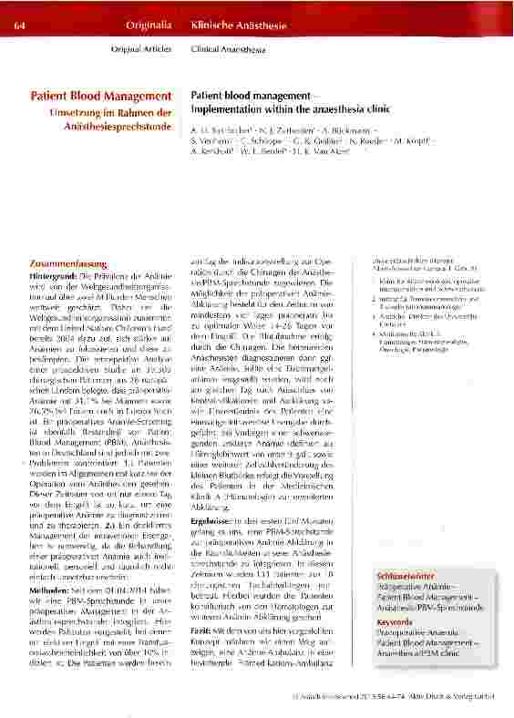 Vorschauseite 1: Patient Blood Management Umsetzung im Rahmen der Anästhesiesprechstunde