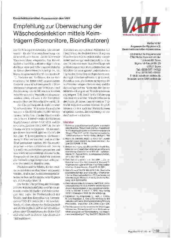 Vorschauseite 1: Empfehlung zur Überwachung der Wäschedesinfektion mittels Keimträgern (Biomonitore, Bioindikatoren)