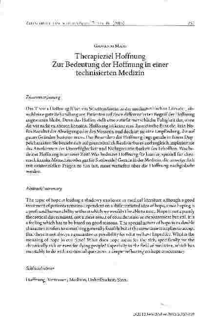 Vorschauseite 1: Therapieziel Hoffnung Zur Bedeutung der Hoffnung in einer technisierten Medizin