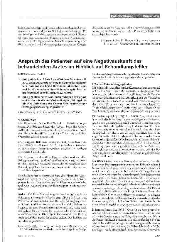 Vorschauseite 1: Anspruch des Patienten auf eine Negativauskunft des behandelnden Arztes im Hinblick auf Behandlungsfehler