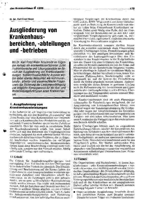Vorschauseite 1: Ausgliederung von Krankenhausbereichen, -abteilungen und -betrieben.