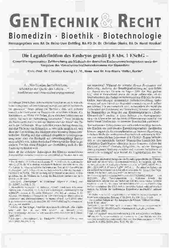 Vorschauseite 1: Die Legaldefinition des Embryos gemäß § 8 Abs. 1 ESchG -Grenzfälle regenerativer Zellforschung am Maßstab des deutschen Embryonenschutzgesetzes sowie der Vorgaben des Menschenrech…