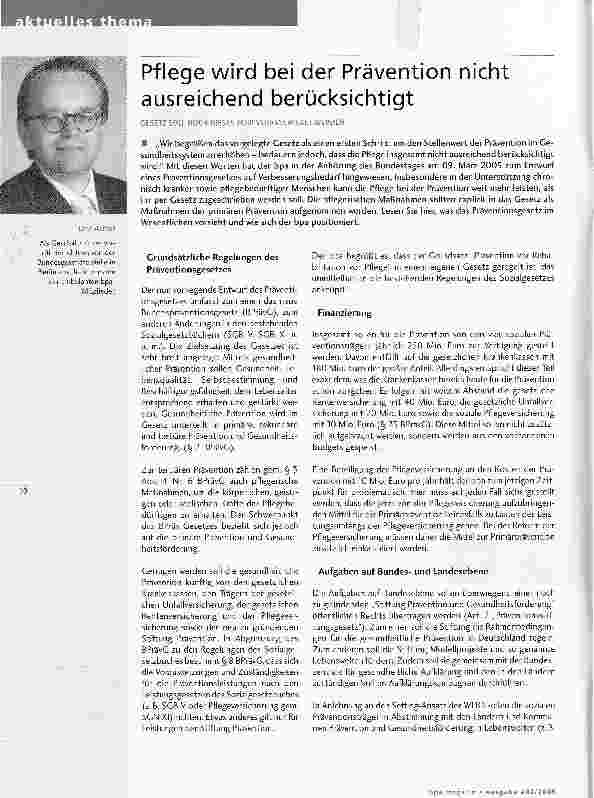 Vorschauseite 1: Pflege wird bei der Prävention nicht ausreichend berücksichtigtGESETZ SOLL NOCH DIESES JAHR VERABSCHIEDET WERDEN