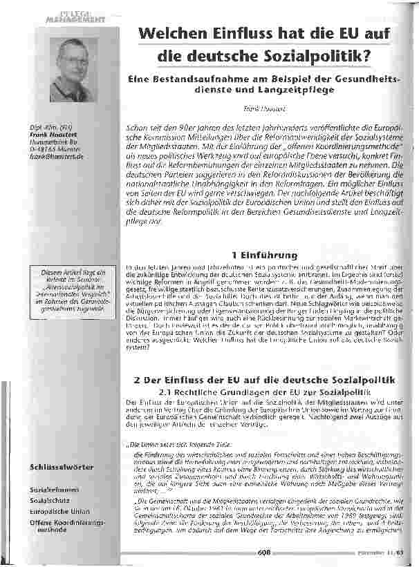 Vorschauseite 1: Welchen Einfluss hat die EU auf die deutsche Sozialpolitik?Eine Bestandsaufnahme am Beispiel der Gesundheitsdienste und Langzeitpflege