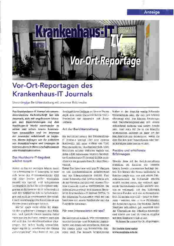 Vorschauseite 1: Vor-Ort-Reportagen des Krankenhaus-IT JournalsUnabhängige Berichterstattung mit enormer Reichweite