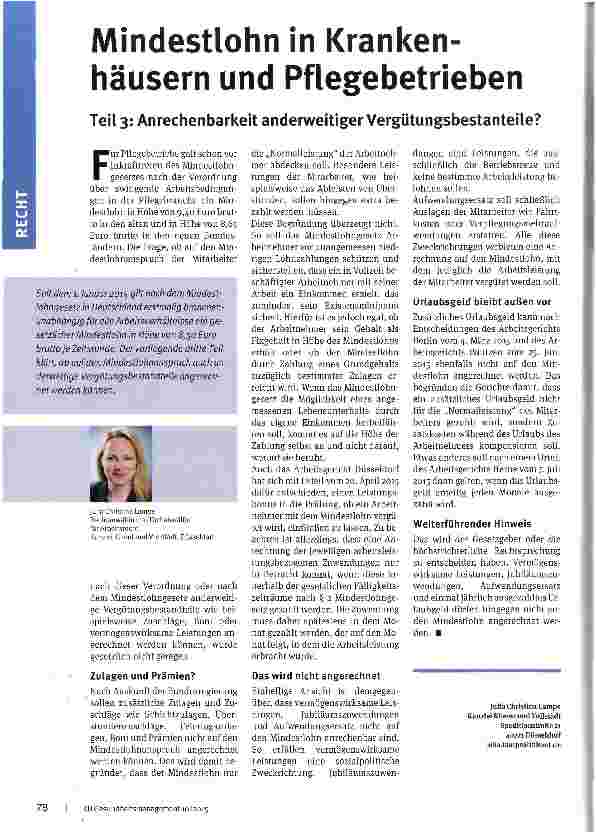 Vorschauseite 1: Mindestlohn in Krankenhäusern und Pflegebetrieben Teil 3: Anrechenbarkeit anderweitiger Vergütungsbestanteile?