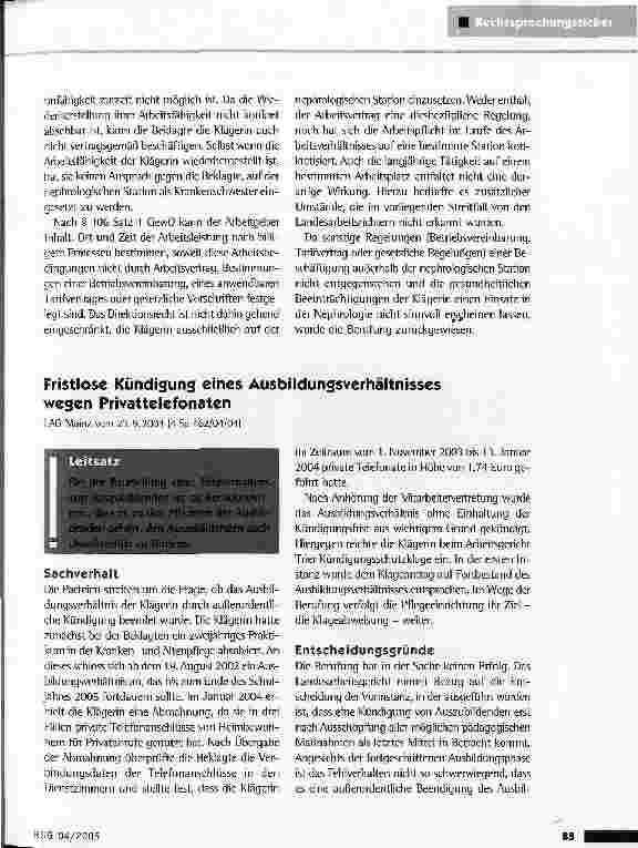 Vorschauseite 1: Fristlose Kündigung eines Ausbildungsverhältnisses wegen PrivattelefonatenLAG Mainz vom 23.9.2004 (4 Sa 462/04/04)