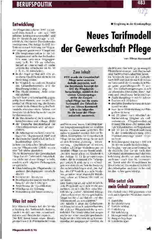 Vorschauseite 1: Neues Tarifmodell der Gewerkschaft Pflege Vergütung in der Krankenpflege