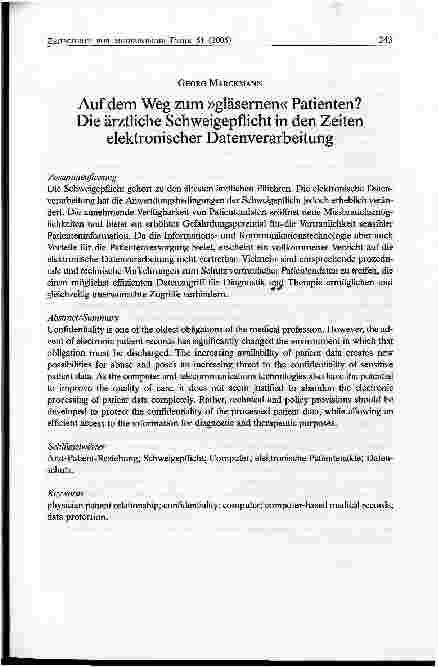 Vorschauseite 1: Auf dem Weg zum gläsernen Patienten? Die ärztliche Schweigepflicht in den Zeiten elektronischer Datenverarbeitung