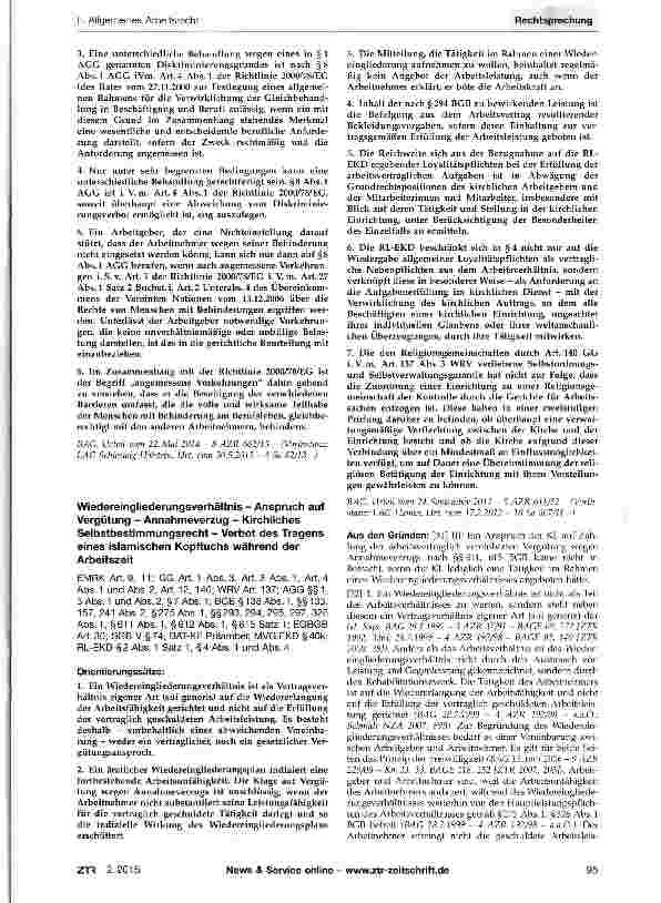 Vorschauseite 1: Wiedereingliederungsverhältnis - Anspruch auf Vergütung - Annahmeverzug - Kirchliches Selbstbestimmungsrecht - Verbot des Tragens eines islamischen Kopftuchs während der Arbeitsze…