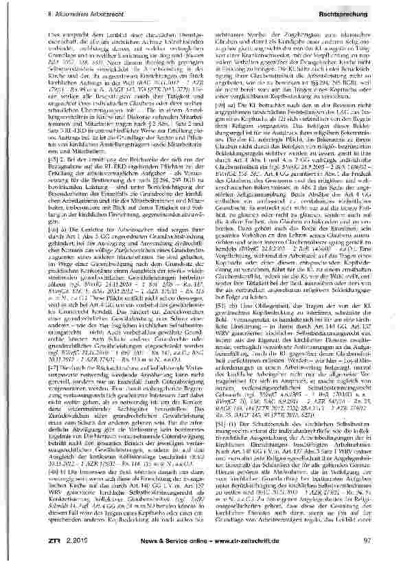Vorschauseite 3: Wiedereingliederungsverhältnis - Anspruch auf Vergütung - Annahmeverzug - Kirchliches Selbstbestimmungsrecht - Verbot des Tragens eines islamischen Kopftuchs während der Arbeitsze…