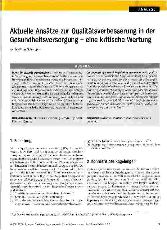 Vorschauseite 1: Aktuelle Ansätze zur Qualitätsverbesserung in der Gesundheitsversorgung - eine kritische Wertung