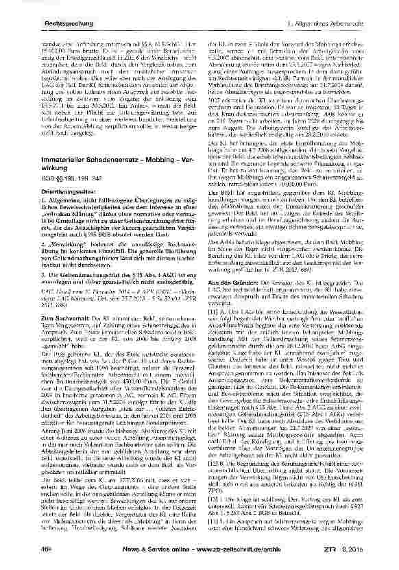 Vorschauseite 1: Immaterieller Schadensersatz - Mobbing - VerwirkungBGB §§195, 199, 242