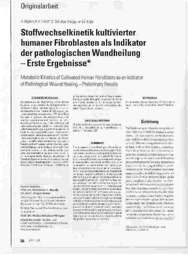 Vorschauseite 1: Stoffwechselkinetik kultivierter humaner Fibroblasten als Indikator der pathologischen Wundheilung - Erste Ergebnisse*