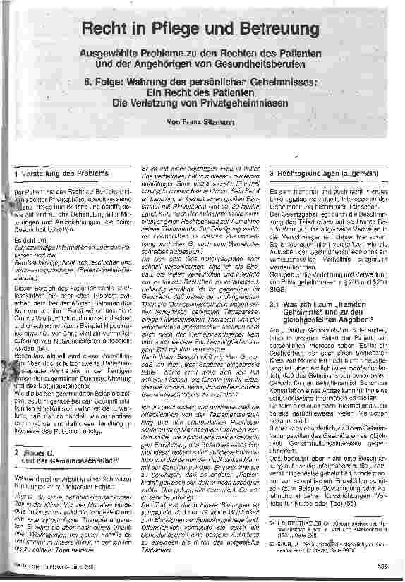 Vorschauseite 1: Recht in Pflege und Betreuung, 6. Folge: Wahrung d. persönlichen Geheimnisses: Ein Recht d. Patienten - die Verletzung von Privatgeheimnissen