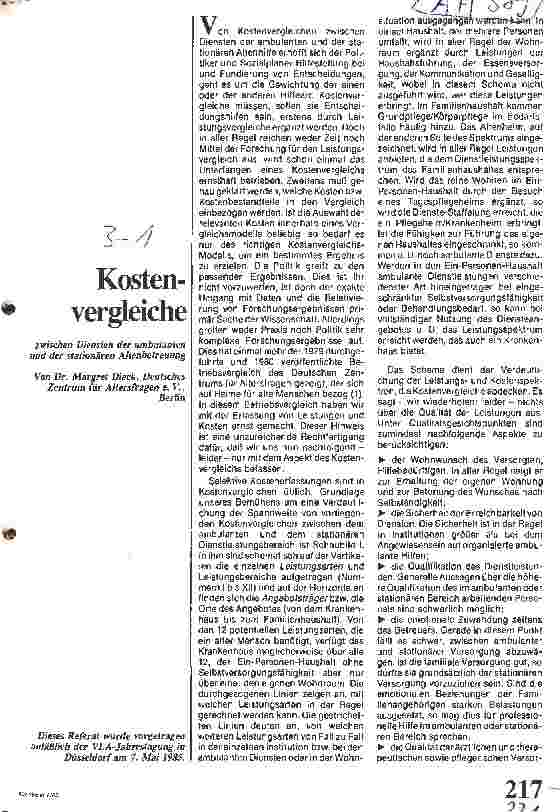 Vorschauseite 1: Kostenvergleiche zwischen Diensten der ambulanten und stationären Altenbetreuung