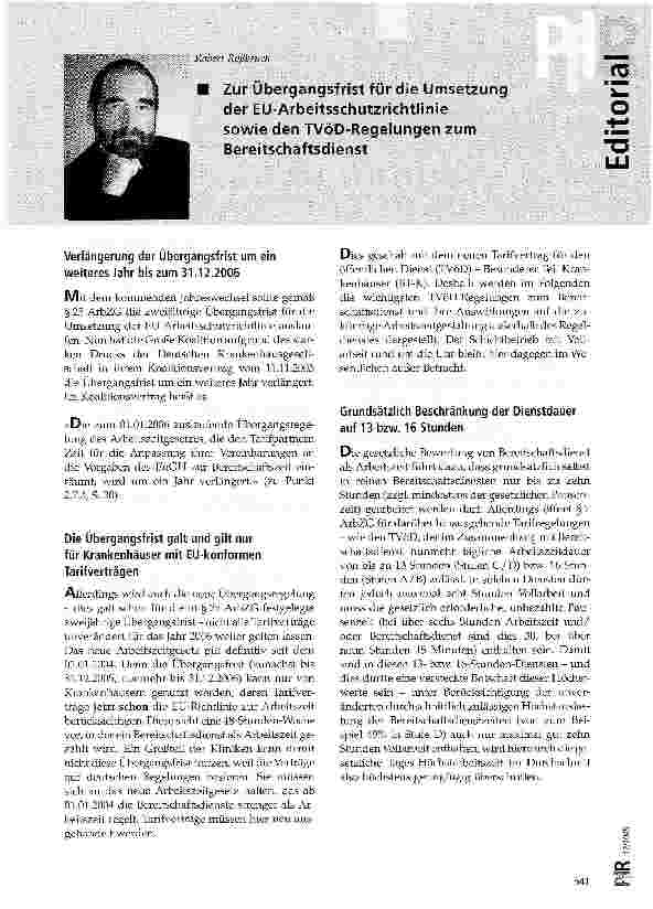 Vorschauseite 1: Zur Übergangsfrist für die Umsetzung der EU-Arbeitsschutzrichtlinie sowie den TVöD-Regelungen zum Bereitschaftsdienst