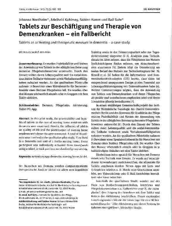 Vorschauseite 1: Tablets zur Beschäftigung und Therapie von Demenzkranken - ein Fallbericht