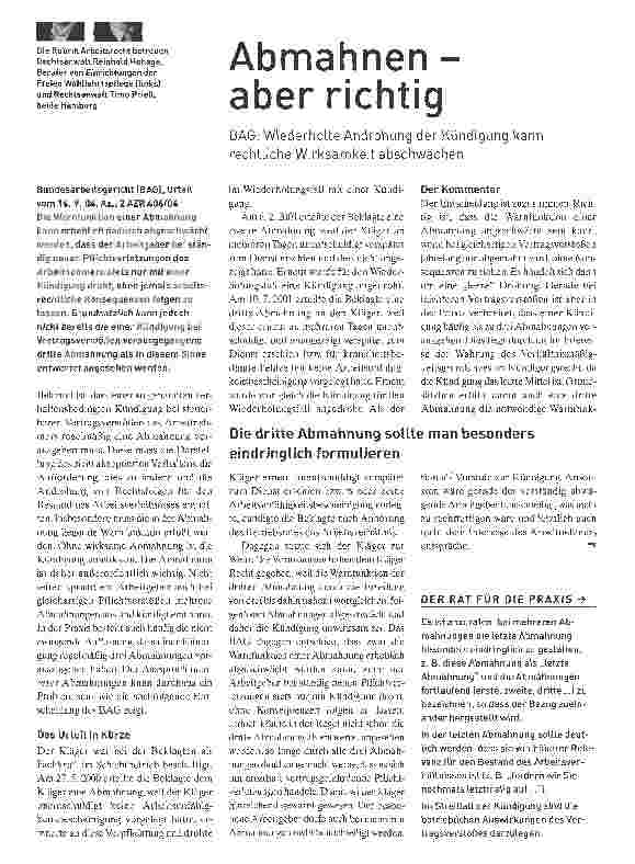 Vorschauseite 1: Abmahnen - aber richtigBAG: Wiederholte Androhung der Kündigung kann rechtliche Wirksamkeit abschwächen
