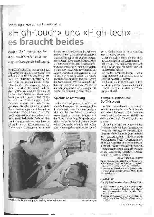 Vorschauseite 1: Beziehungspflege auf der Intensivstation High-touch und High-tech es braucht beides