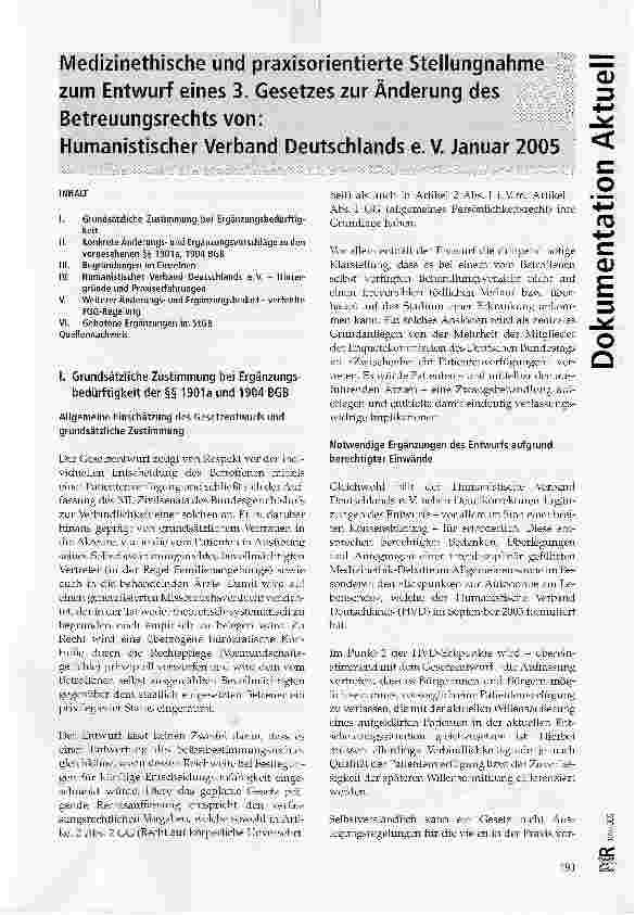 Vorschauseite 1: Medizinethische und praxisorientierte Stellungnahme zum Entwurf eines 3. Gesetzes zur Änderung des Betreuungsrechts von: Humanistischer Verband Deutschlands e.V. Januar 2005