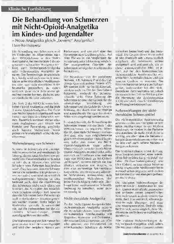 Vorschauseite 1: Die Behandlung von Schmerzen mit Nicht-Opioid-Analgetika im Kindesund Jugendalter-Neue Analgetika gleich bessere Analgetika?