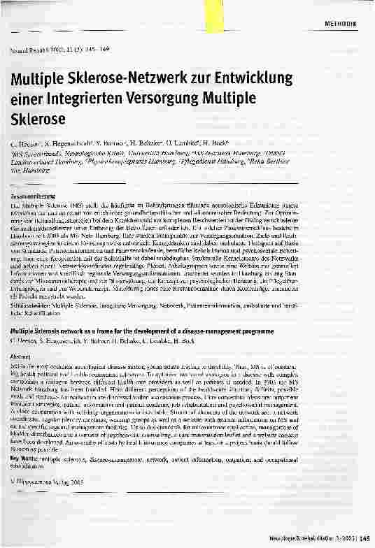 Vorschauseite 1: Multiple Sklerose-Netzwerk zur Entwicklung einer Integrierten Versorgung Multiple Sklerose